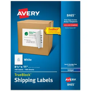 Avery Full-Sheet Printable Shipping Labels, 8.5" x 11" Customizable Stickers, White, 100 Blank Mailing Labels, Great for Mailing, Shipping, Organizing, and More (8465)