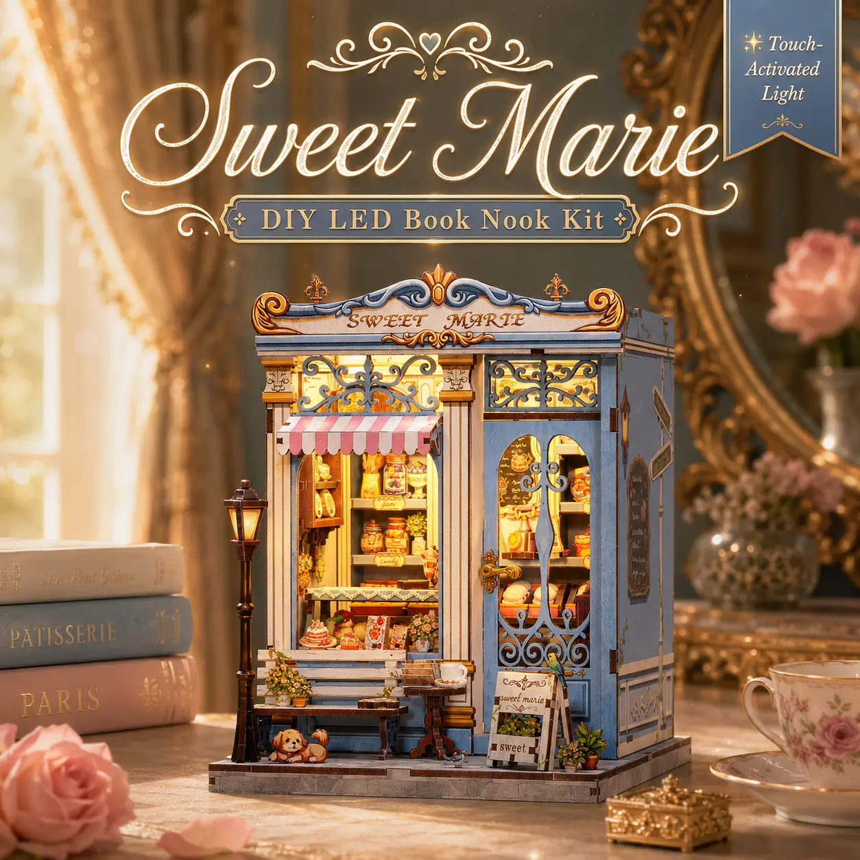CUTEBEE Sweet Marie 3D Wooden DIY Book Nook Kit, Miniature Bakery Dollhouse Furniture, Bookshelf Insert Decor, Handmade Craft Gift for Adults