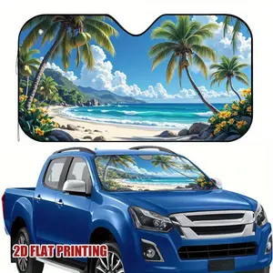 1pc 2D Flat Modern Windshield Sunshade for Car - Beach Palm Trees Design, 100% Polyester, UV Protection & Heat Dissipation, Foldable & Portable, Fit for All Vehicles, Holiday Fit, Durable Sunshade