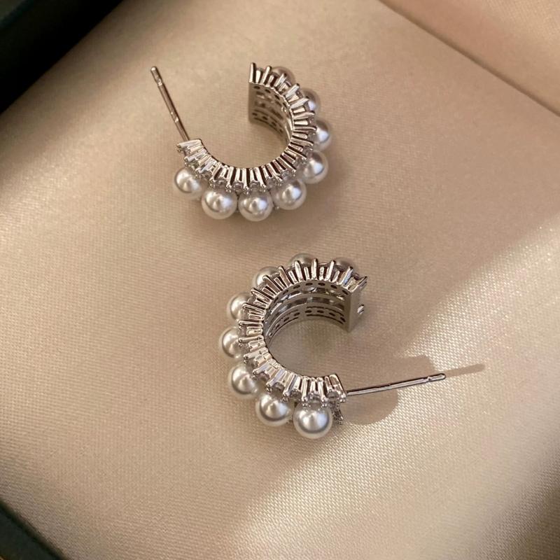 French Style Layered C-Shaped Pearl Zircon Earrings shell pearl