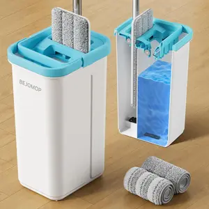 Mop and Bucket Set, Squeeze Flat Mop System for Floor Cleaning, Turquoise-Cyan Dry & Wet Dust Mop with Long Handle, for Wall and Household Cleaning with 2 Microfiber Mops