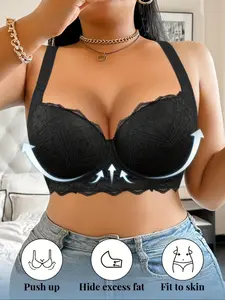 【Plus Size】 Solid Color Underwire Bra, Casual Comfy Breathable Lace Bra for Daily Wear, Women's Plus Size Lingerie for All Seasons