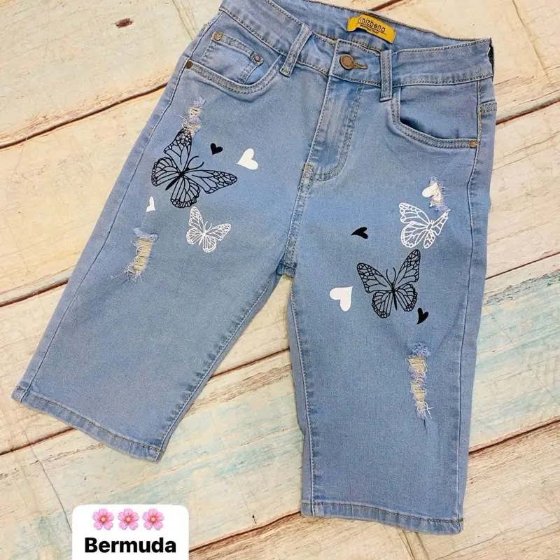 Vinizbena Women Butterfly Blue Stretch  Jeans Bermuda  Short Denim