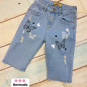 Vinizbena Women Butterfly Blue Stretch  Jeans Bermuda  Short Denim