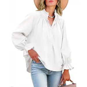 ARTFREE Womens Puff Long Sleeve Button Down Shirts Pleated V Neck Cotton Blouses Loose Fit Casual Ruffle Tops