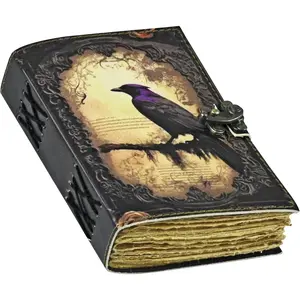 Leather Journal Gothic Notebook The Raven Grimoire Print -  Handamde Journal Book of Shadows Witchcrafts Journal Gifts for Men 7x5 inch 200 Pages