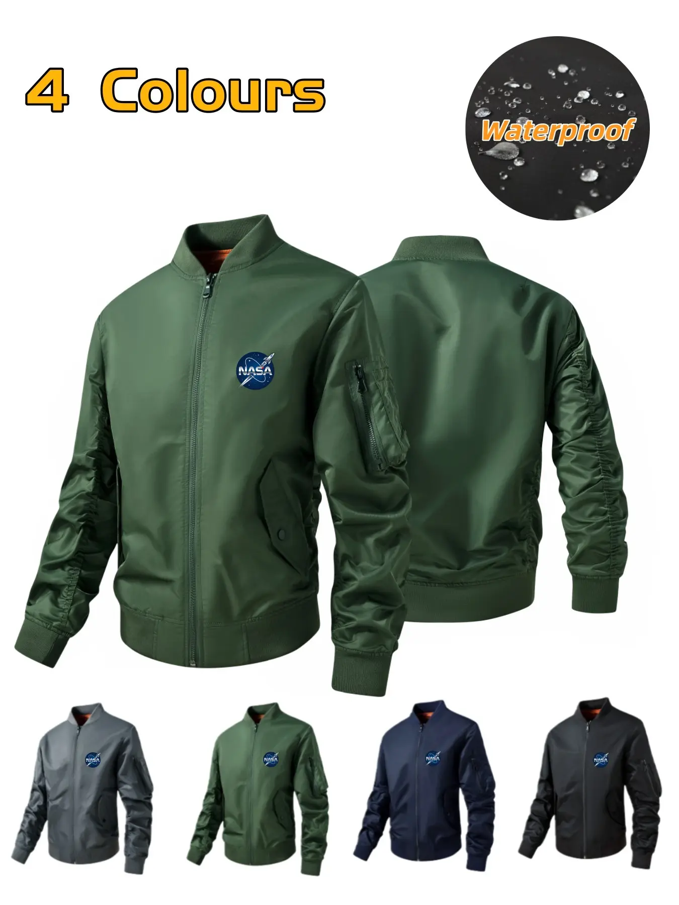 Men's Nasa Print Pilot Jacket with Waterproof Nylon Fabric, Fitted Long Sleeve Baseball Collar, Multi-Pocket Casual Wear for Fall & Winter
