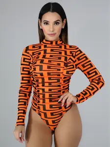 S CLASS BODY SUIT - Orange Geometric Print Long Sleeve Mock Neck Bodysuit for Women