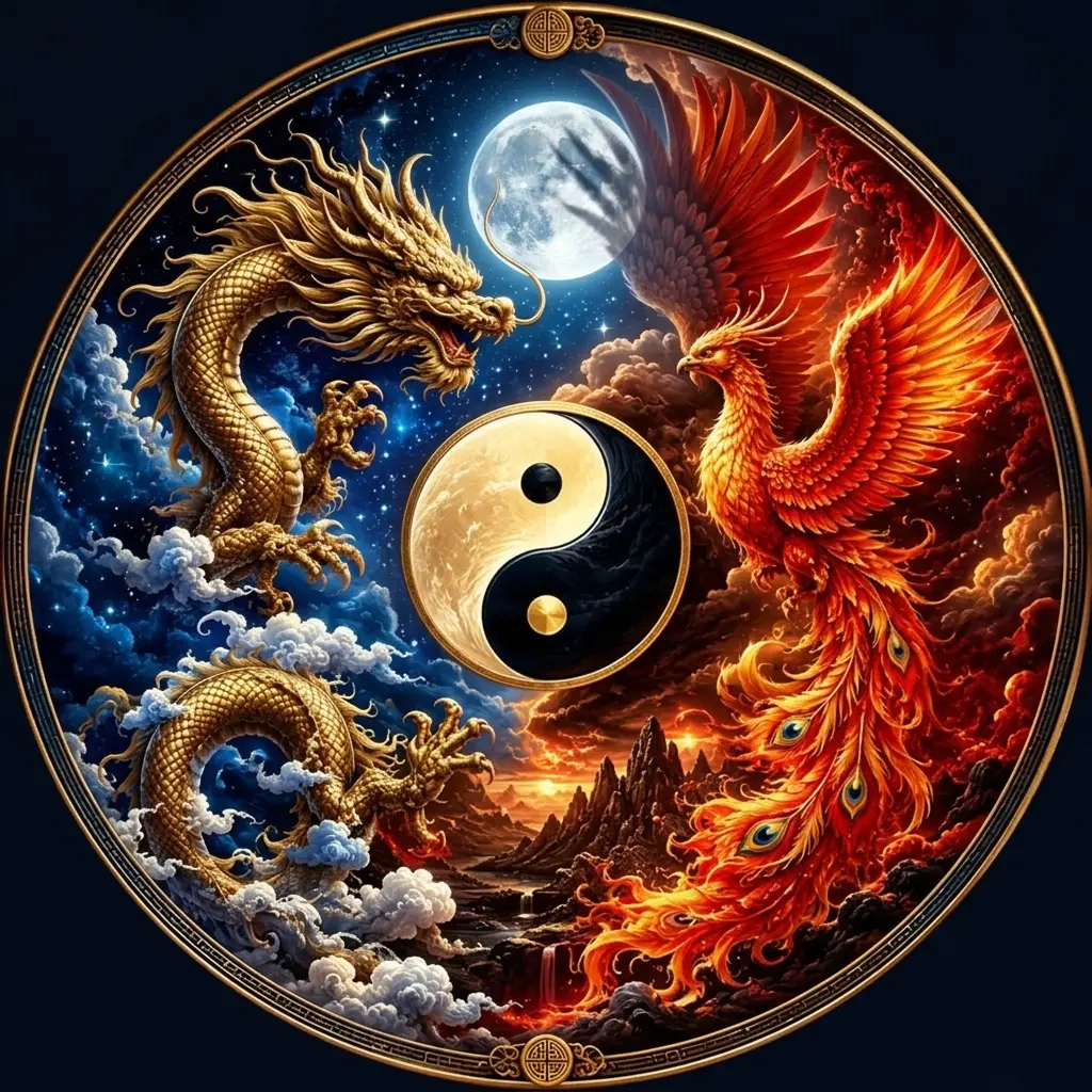 Dragon And Phoenix Challenge Coin, Yin Yang Harmony Token, Chinese Mythology Beast Enamel Medal Keepsake, Spiritual Feng Shui Dad Gift