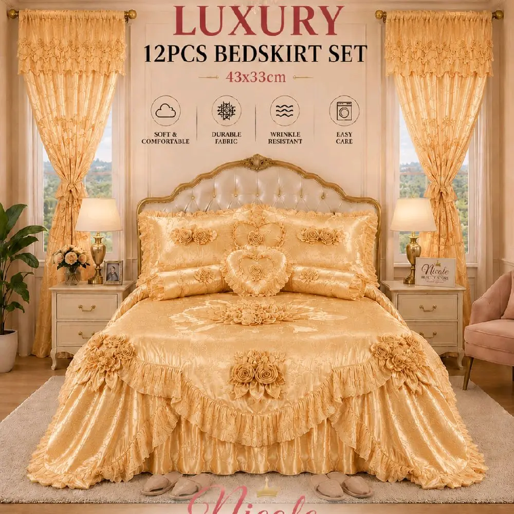 Luxury 12PCS Wedding Bedspread Set with Matching Curtains – Gold | King Size | Premium Collection