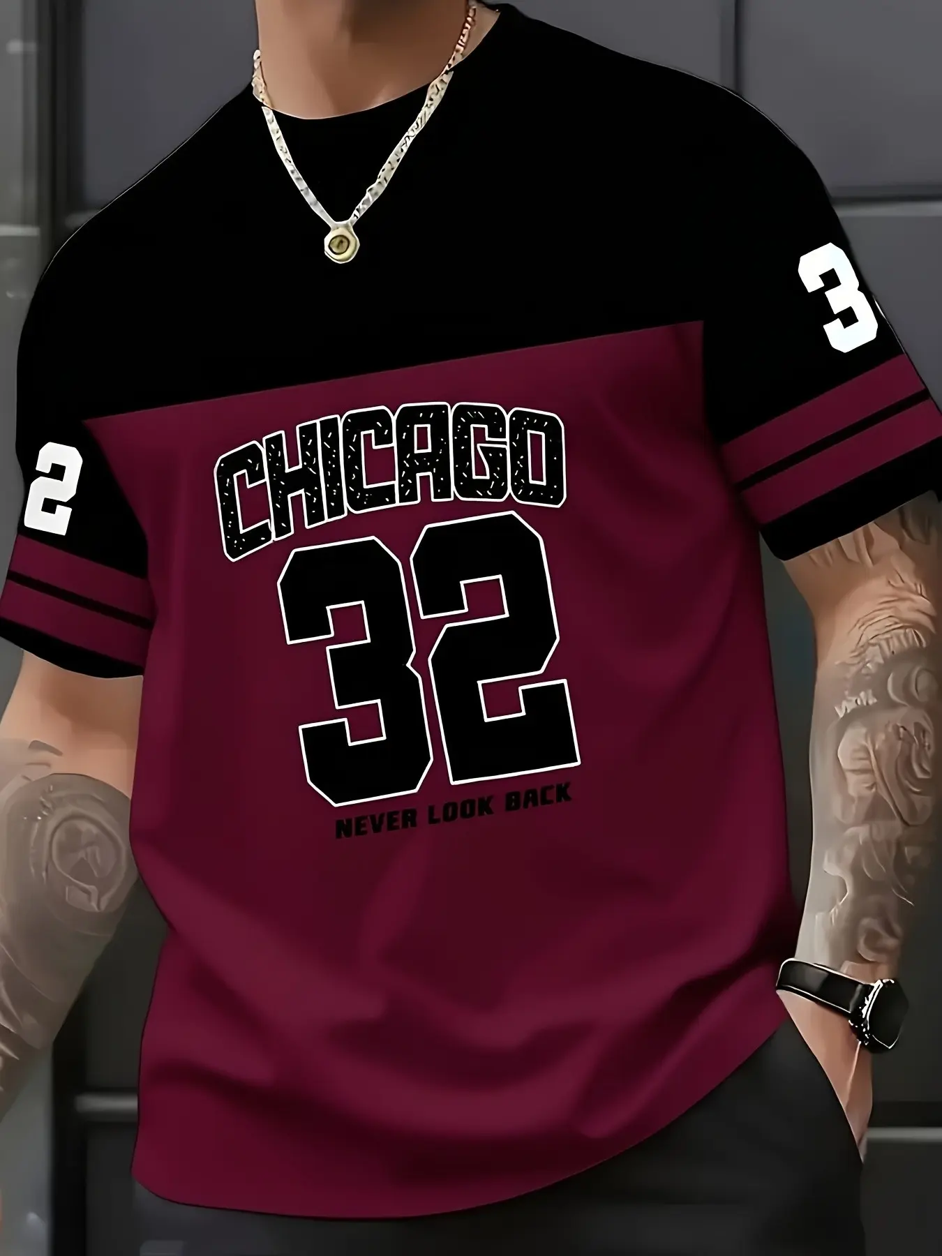 Men'S Loose Short Sleeve T-Shirt Black And White Contrast Design American Chicago Style Pattern Top Comfortable All-Match Casual Trendy Tee Summer Thin Style