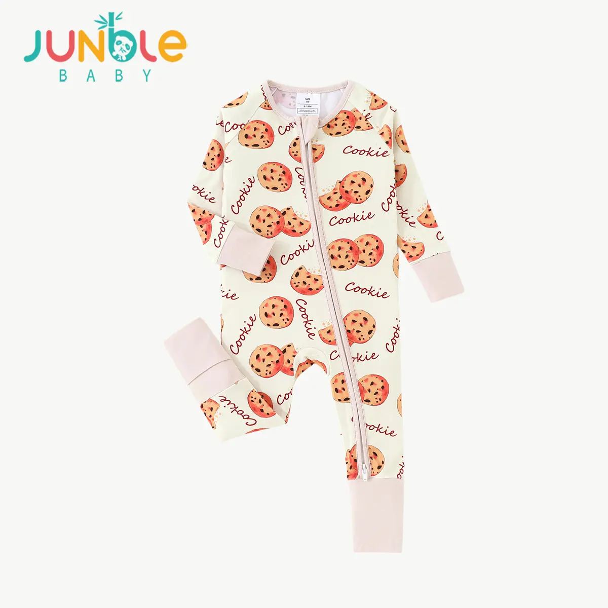 JUNBLEBABY Unisex Bamboo Long Sleeve Baby Romper - Sweet Chocolate Chip Cookie Print Sleeper, 2-Way Zipper, Convertible Footies, Snug Fitting Sleepwear for Infants (0-24M)