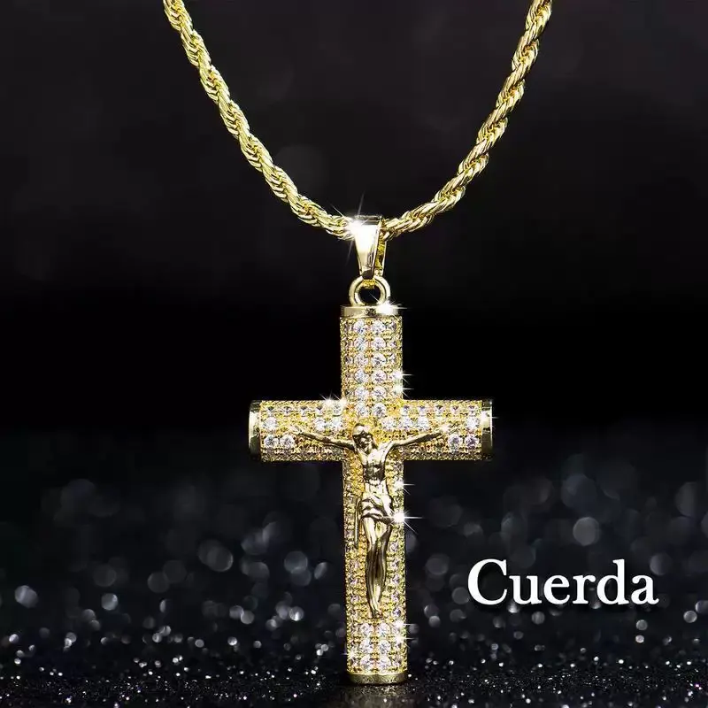 Hip-Hop Style Gold-Plated Thickened Copper Cuban Chain Necklace with Inlaid Zirconia, Extra Large Cross Statement Necklace for Women, Fashion Costume Jewelry Accessory, Cross Necklace Women