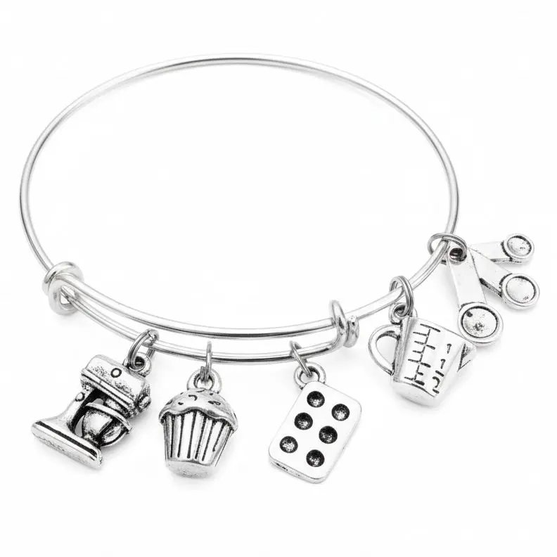 Baking Bracelet - Silver Expandable Bangle with Cupcake Mixer Charms - Baker Gift