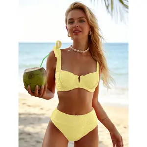 Women'S Light Yellow Textured Strap Bikini Set with-Waisted Design Tummy Coverage, Perfect Beach Vacations And Parties