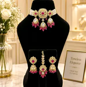 Meenakari kundan choker set with tikka and jhumkas