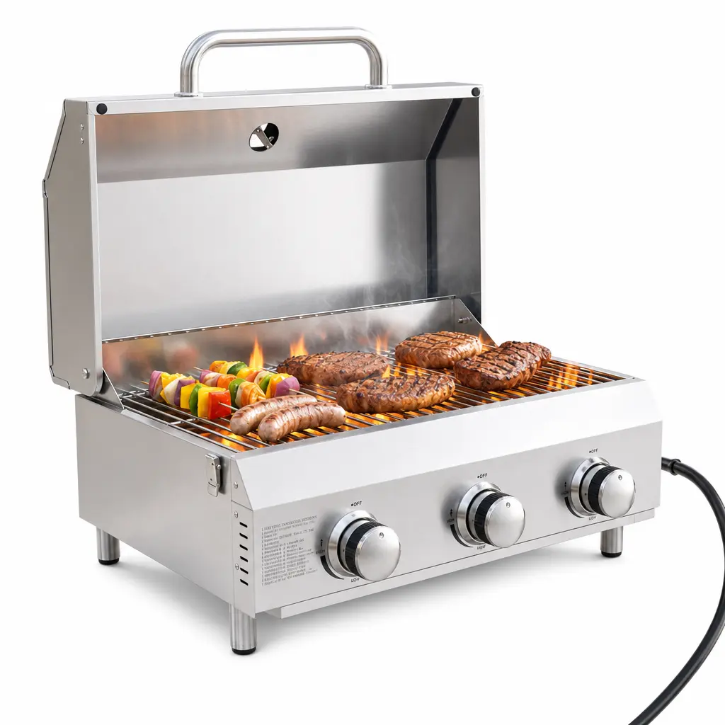 BESTFIRE 30K BTU 3-Burner Tabletop Grill – Stainless Steel Portable Propane Gas Grill with Heavy Duty Thickened Cooking Grates & 4 Detachable Legs,  for Camping, RV, Backyard BBQ & Patio Outdoor Cooking barbecue camp home patio backyard picnic cooker