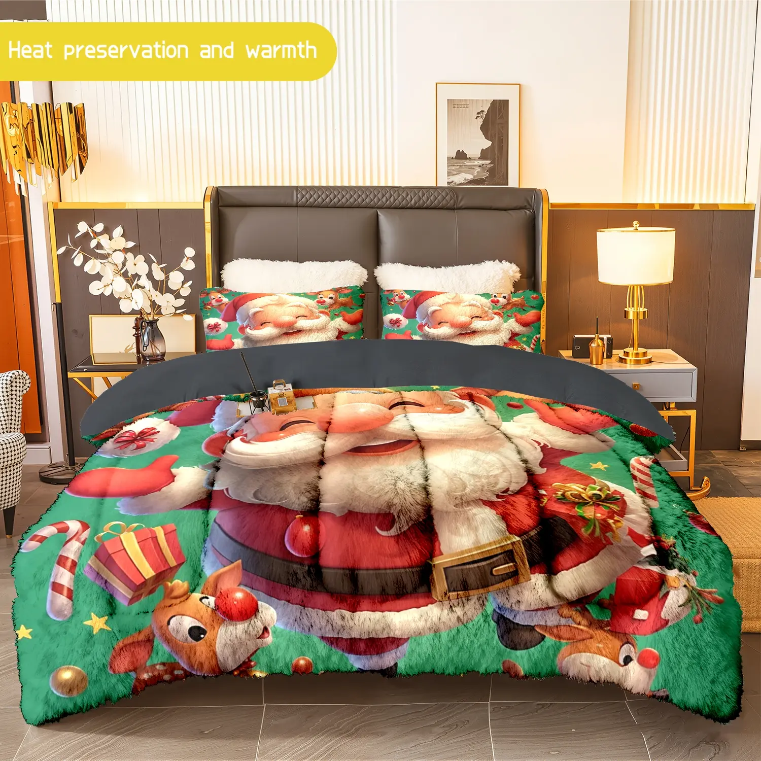 3pcs (1 comforter + 2 pillowcases) Santa Claus Flannel & Milk Velvet Comforter Set, Soft Warm Bedding Set for Adults, Cozy Christmas - themed Quilt Set, Trendy Bedding Essentials