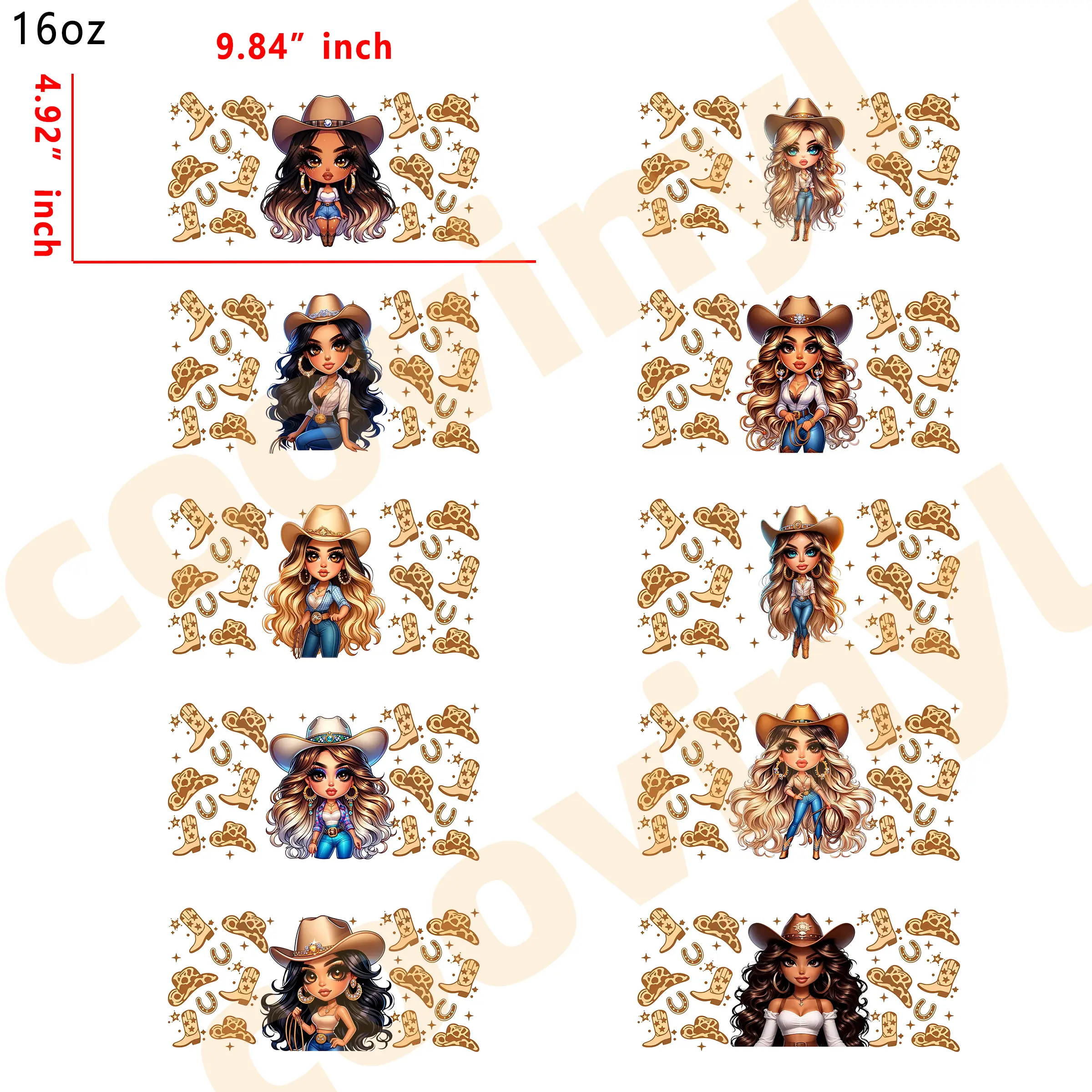 (M37) 10pcs cowgirl 16OZ Tumbler Cup Wraps, Waterproof Fade-Resistant Decal Stickers, Vivid HD Print with Strong Adhesion, Customizable Transfers for Glass Cups, Mugs & Smooth Surfaces, DIY Art Craft Supplies