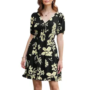 Dokotoo Womens Dresses 2026 Deep V Neck Lantern Sleeve Summer Dresses Shirred Elastic Waist A-Line Mini Dress