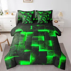 3D Geometric Bed in a Bag 7pcs Bedding Set, Black and Green Queen Size Comforter Set Glowing Futuristic Cubes Bedding Comforter Sets, Neon Grid Bed Set