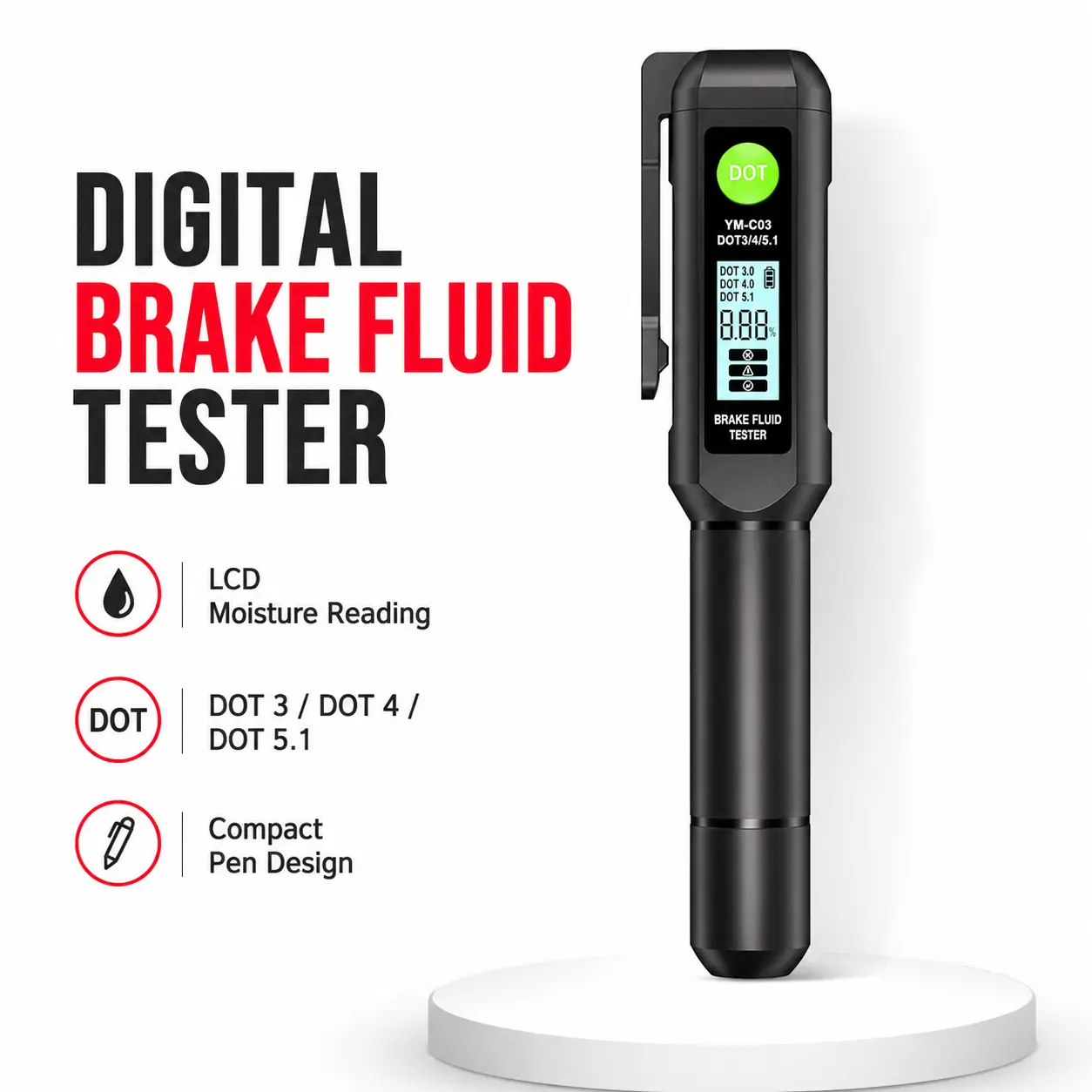 Digital Pen Type Brake Fluid Tester, LCD Display Moisture Detector Compatible with DOT3 DOT4 DOT5.1 Brake Fluid, Auto Brake Oil Water Content Analyzer For Car Truck Motorcycle Garage DIY Repair