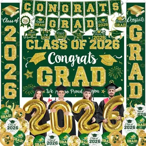 Graduation Decorations Class of 2026 - Green and Gold Graduation Party Supplies Include Backdrop, Banner, Hanging Swirls, Porch Sign, Balloons for Congrats Grad Decorations