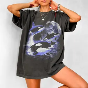 Orca Midnight Vintage Style Graphic Shirt, Retro Ocean Comfort Colors Orca Shirt, Moonlight Ocean Lightning Tee, 90s Marine Life Graphic Top