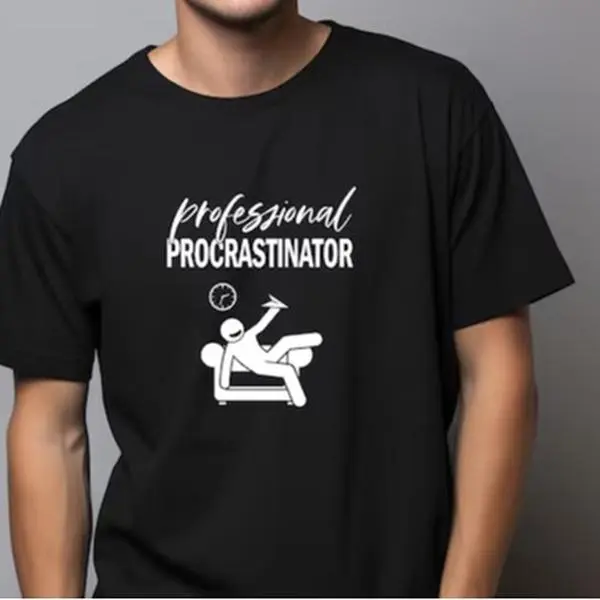 Professional Procrastinator Casual Tee, Funny Graphic Print, Loose Tailored Sports Top with Minimalist Lines, Wash Safe Sport & Outdoor Clothing Gift
