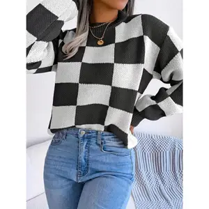 Elegant Checkerboard Long Sleeve Pullover Sweater for Women - Crew Neck, Non-Sheer, Polyester Blend Collar Fabric Tops Casual Chic Knitwear Black Womenswear