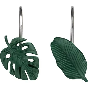 X-BS18 Tropical Leaf Decorative Shower Curtain Hooks Dark Green Botanical Shower Curtain Rings, Resin, Monstera Deliciosa Strelitzia Reginae Leaves Shower Curtain Hangers for Bathroom, Set of 12 Paint