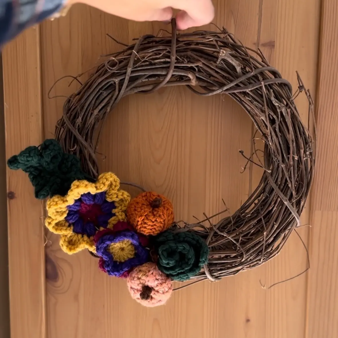 Handmade Autumn Harvest Hangable Grapevine Wreath - Crochet Home Decor