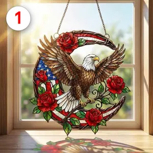 Patriotic Bald Eagle & Red Roses Crescent Moon Stained Glass Suncatcher Window Decor