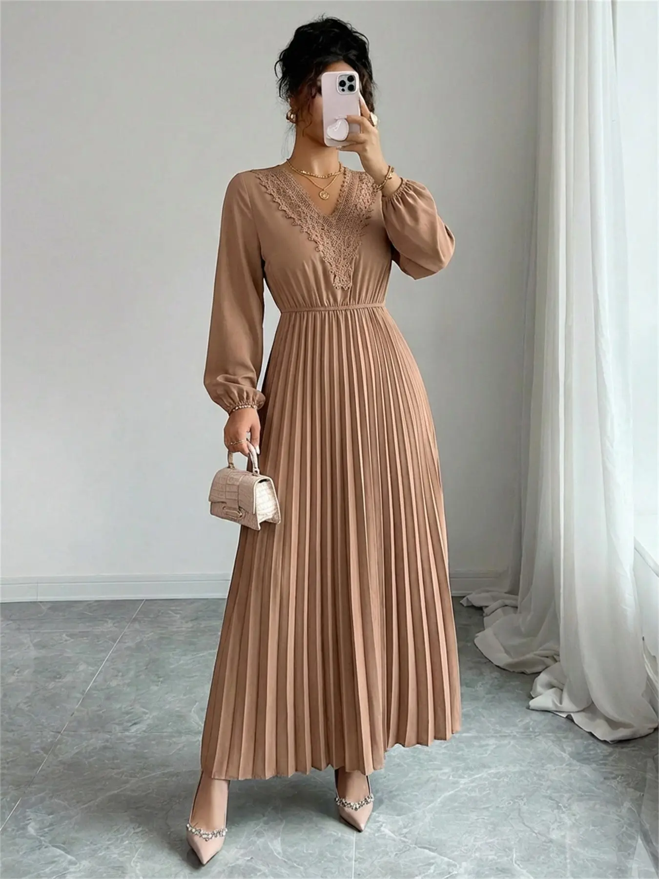 Elegant V-Neck Lace Trim Long Sleeve Ruffle Waist Midi Dress, Spring & Fall  Pure Color Fashion, Women's Casual Wear - TikTok Shop