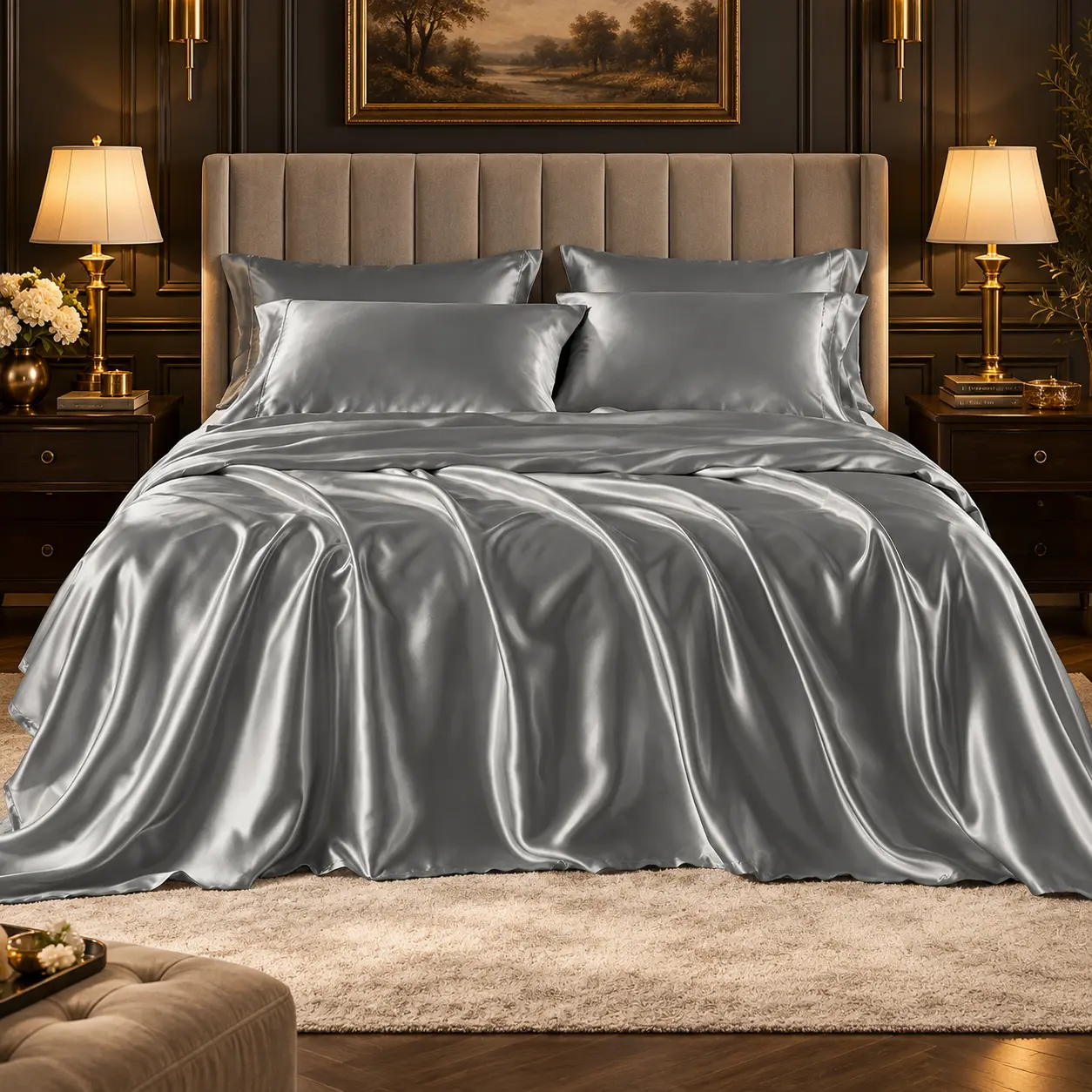 6-Piece Solid Color Satin Bed Sheet Set - 1 Flat, 1 Fitted, 4 Pillowcases, Luxurious with Natural Sheen and Silky Glide on Skin, Satin Bed Sheets