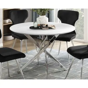 Ultra Modern Dining Furniture 1pc Round Faux Marble Top Dining Table Chrome Finish Metal Legs(High end and high-quality)