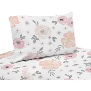 Sweet Jojo Designs Queen Sheet Set Watercolor Floral Pink Grey and White 4pc