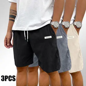Pack of 3 corduroy shorts, solid color, men’s casual shorts with side pockets and a drawstring elastic waistband, suitable for everyday wear and vacations, beige, men’s shorts