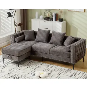 Niccae [NEW ARRIVED] [VIDEO PROVIDED]L Shaped Sectional Sofa , Convertible Storage Ottoman,Chenille ,Square Arm, Modern Tufted Couch ,3 Seater, And Nailhead, Dark gray