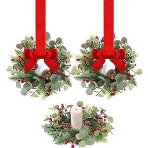 Christmas Candle Rings Set of 2 Mini Wreaths with Ribbon, Artificial Pine and Spruce Candles Ring Stands, Berries Decor for Home