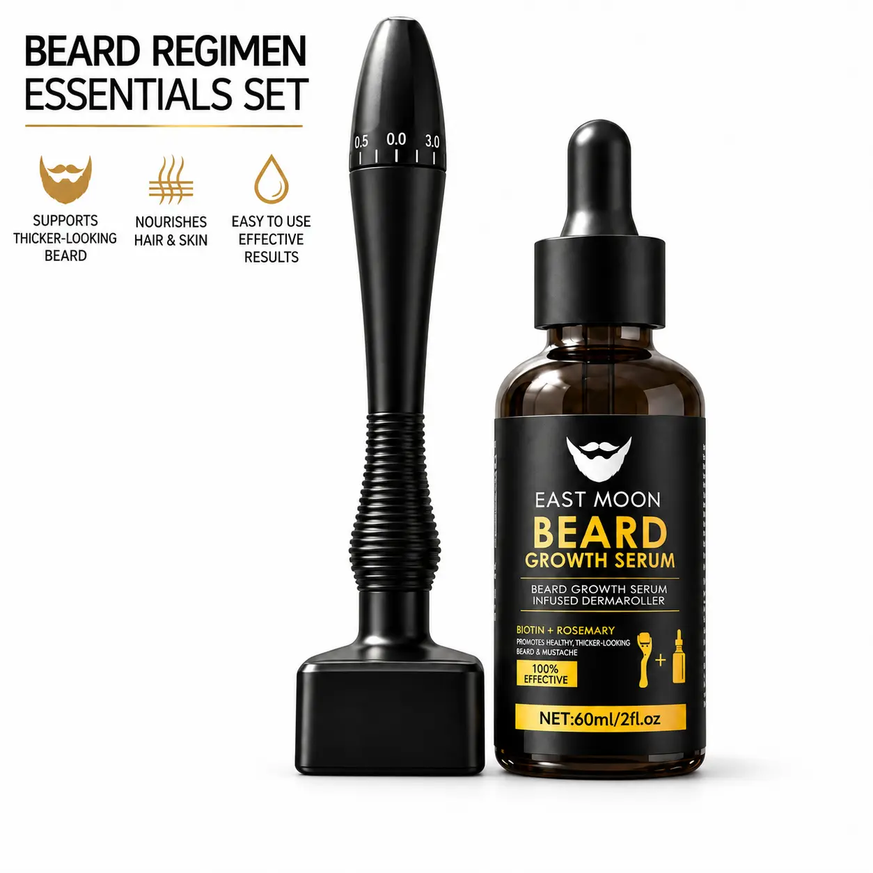 Beard Care Kit for Men with 60 mL Serum, Derma Roller & Adjustable Derma Stamp, Biotin and Rosemary Beard Conditioning Set for Daily Facial Hair Grooming