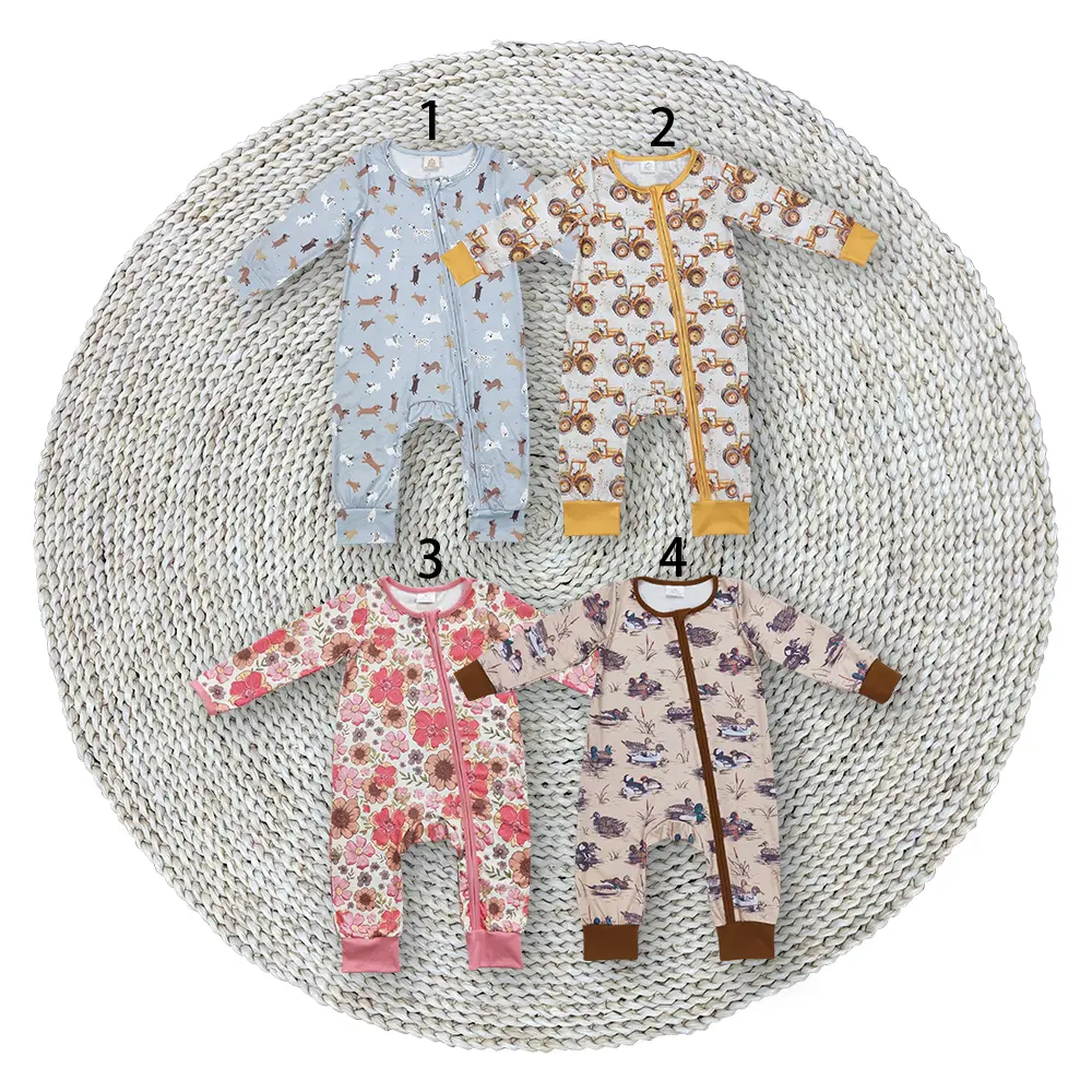 Baby Boys Girls Flowers Trucks Ducks Cute Spring Fashion Western Southern Long Sleeve Round Neck Zip Footie Rompers Sleepwear