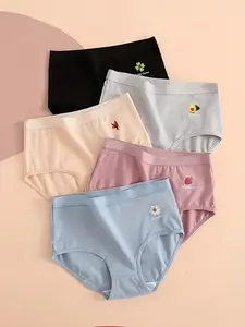 5pcs Fruit Printed High Waisted Women's Underwear Comfortable Breathable Minimalist Style Home Wear Solid Color Underwear