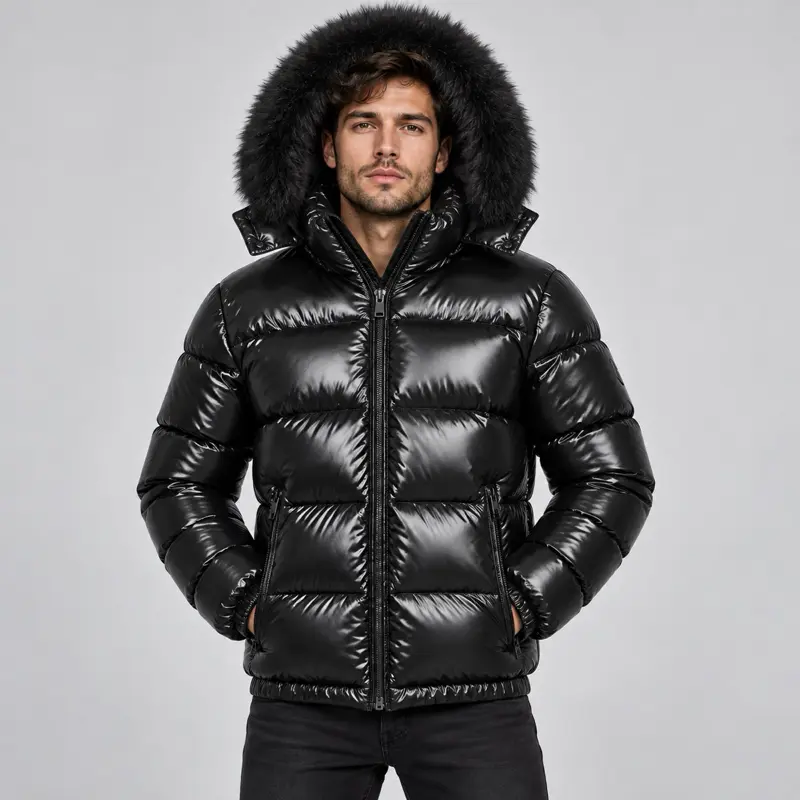 Men’s Shiny Black Puffer Jacket with Detachable Faux Fur Hood Insulated Winter Coat Weather-Resistant Full Front Zipper Zippered Pockets