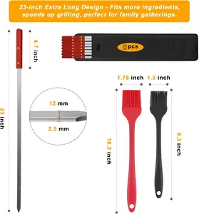 Kabob Skewers,23 Inch Long x 0.5 Inch Wide, Metal Stainless Steel BBQ Skewer with Wooden Handle for Shish Kebab,Turkish Grills,Koubideh,Brazilian BBQ - Durable & Reusable, 8 Set+ 2 Brushes