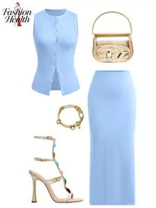 2026 Spring Summer European Style Women's Fashion Set, Solid Color Sleeveless Button-Up Cardigan and Mini Skirt Two-Piece