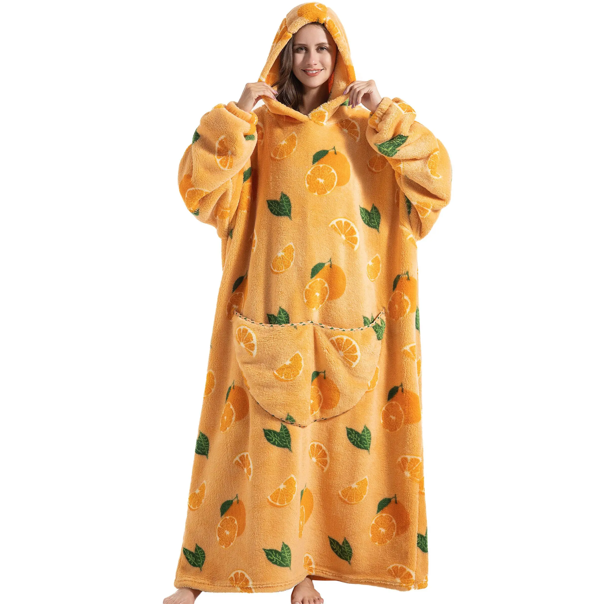 Wearable Hooded Blanket, 1 Count 320GSM Cartoon Animal & Fruit Pattern Hoodie Blanket with Pocket, Comfy Winter Plush Blankets for Home Office Travel,