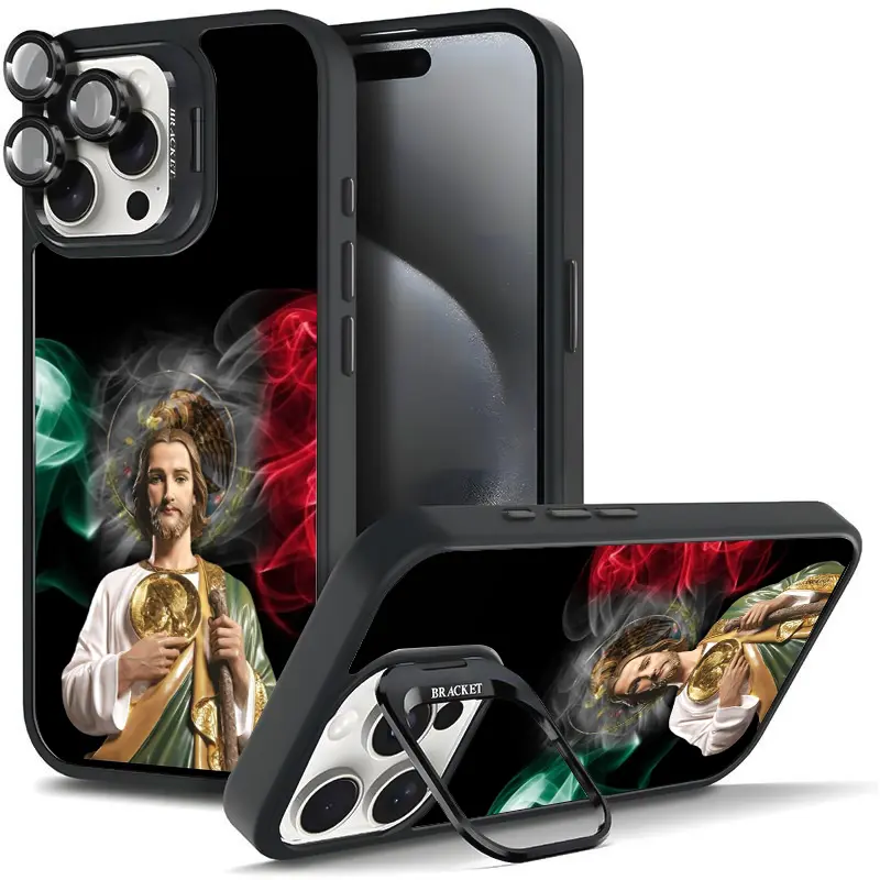 Religious Art God Bless Virgin Mary Dollar Pattern Protective Phone Case for iPhone 17/16/15/14/13/12 Pro Plus Max, Shockproof Casing with Magnetic Metal Lens Frame, Bracket Stand, Camera Holder, Full Protection Fashionable Mobile Accessories Gift 225
