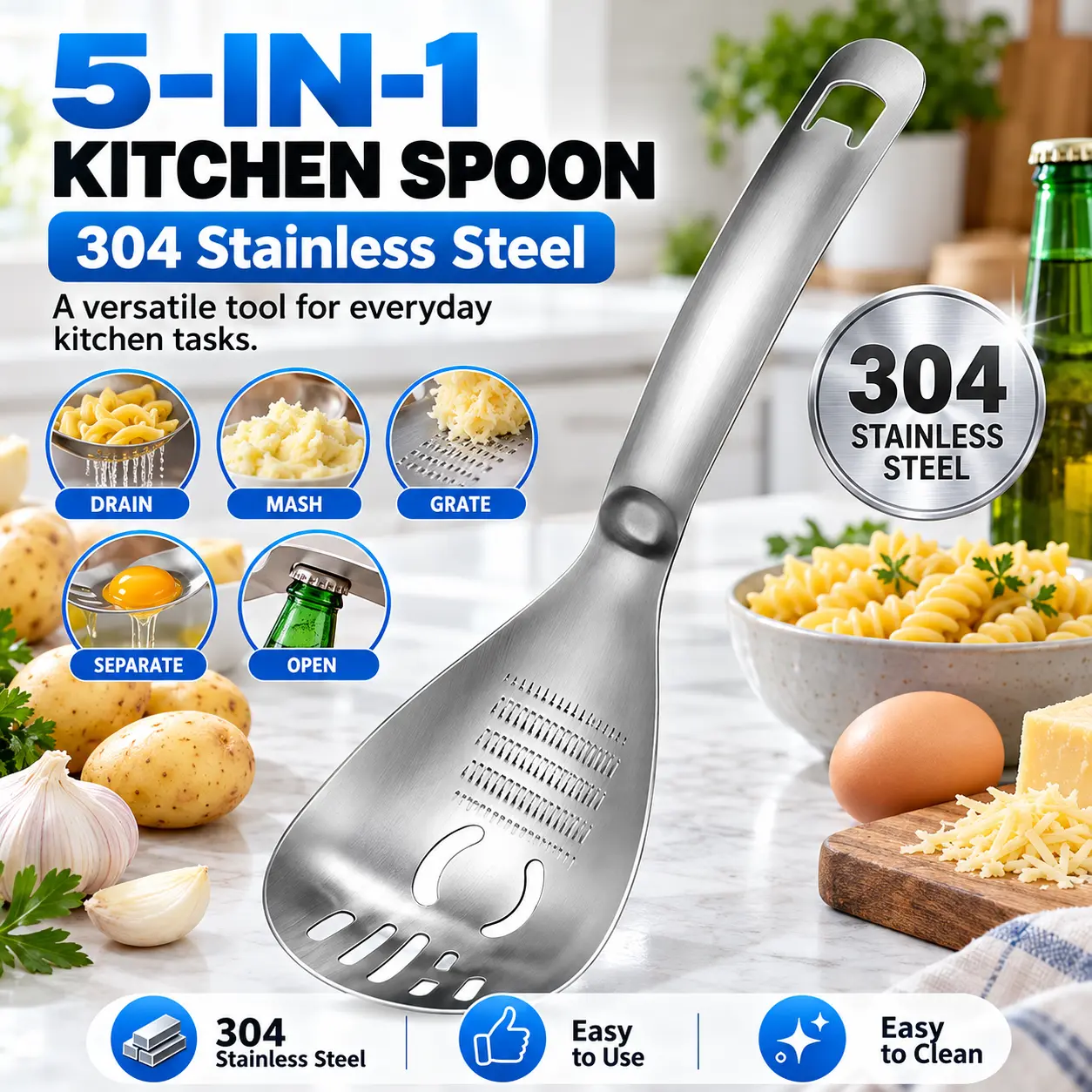 304 food grade thick 5-in-1 stainless steel cooking spoon, multifunctional spoon, kitchen cooking tool, drain, ginger and garlic grinder, egg separator, bottle opener