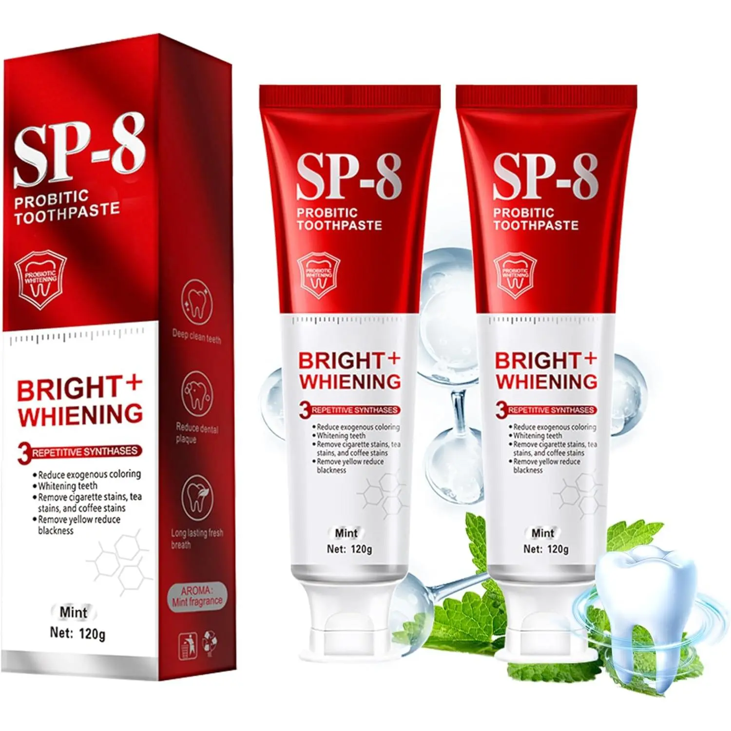 SP-8 Probiotic Whitening Toothpaste(2PCS),Enhanced Formula with Multiple probioticsfor Teeth Whitening & Gum Care & Fresh Breath, Fluoride-Free, Fresh Mint Flavor